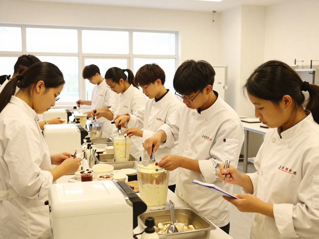 A modern vocational school classroom focused on ice cream production training. In the foreground, a diverse group of students in professional attire, actively engaged in hands-on tasks like mixing ingredients and using ice cream machines. One student is carefully measuring ingredients, while another is taking notes. In the middle ground, a well-organized workspace filled with ingredients, tools, and equipment, showcasing ice cream making utensils and flavor samples. The background features a large window letting in natural light, creating a bright and inspiring atmosphere. Soft, warm lighting enhances the educational environment, emphasizing the practical training aspect. The overall mood is focused and energetic, reflecting a professional yet creative learning experience in the culinary field. A modern vocational school classroom focused on ice cream production training. In the foreground, a diverse group of students in professional attire, actively engaged in hands-on tasks like mixing ingredients and using ice cream machines. One student is carefully measuring ingredients, while another is taking notes. In the middle ground, a well-organized workspace filled with ingredients, tools, and equipment, showcasing ice cream making utensils and flavor samples. The background features a large window letting in natural light, creating a bright and inspiring atmosphere. Soft, warm lighting enhances the educational environment, emphasizing the practical training aspect. The overall mood is focused and energetic, reflecting a professional yet creative learning experience in the culinary field.