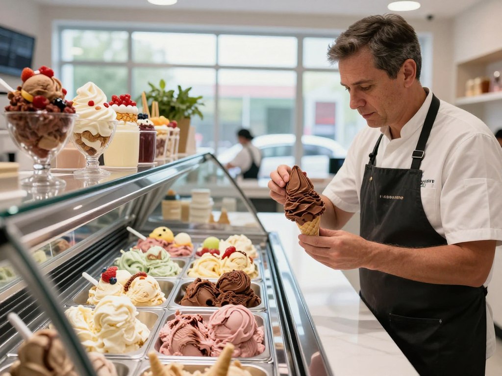A professional ice cream expert working in a modern, brightly lit ice cream parlor, examining a variety of colorful ice cream flavors displayed in elegant glass containers. In the foreground, the expert, a middle-aged person in professional attire, holds a scoop with a thoughtful expression, analyzing the texture of a rich chocolate ice cream. The middle ground features a polished counter with vibrant toppings and fresh ingredients, creating an inviting atmosphere. The background showcases large windows, allowing soft natural light to pour in, enhancing the overall cheerful and productive mood of the scene. The angle is slightly elevated, capturing both the expert’s focus and the appealing ice cream selections, reflecting the theme of career opportunities in the ice cream industry. A professional ice cream expert working in a modern, brightly lit ice cream parlor, examining a variety of colorful ice cream flavors displayed in elegant glass containers. In the foreground, the expert, a middle-aged person in professional attire, holds a scoop with a thoughtful expression, analyzing the texture of a rich chocolate ice cream. The middle ground features a polished counter with vibrant toppings and fresh ingredients, creating an inviting atmosphere. The background showcases large windows, allowing soft natural light to pour in, enhancing the overall cheerful and productive mood of the scene. The angle is slightly elevated, capturing both the expert’s focus and the appealing ice cream selections, reflecting the theme of career opportunities in the ice cream industry.