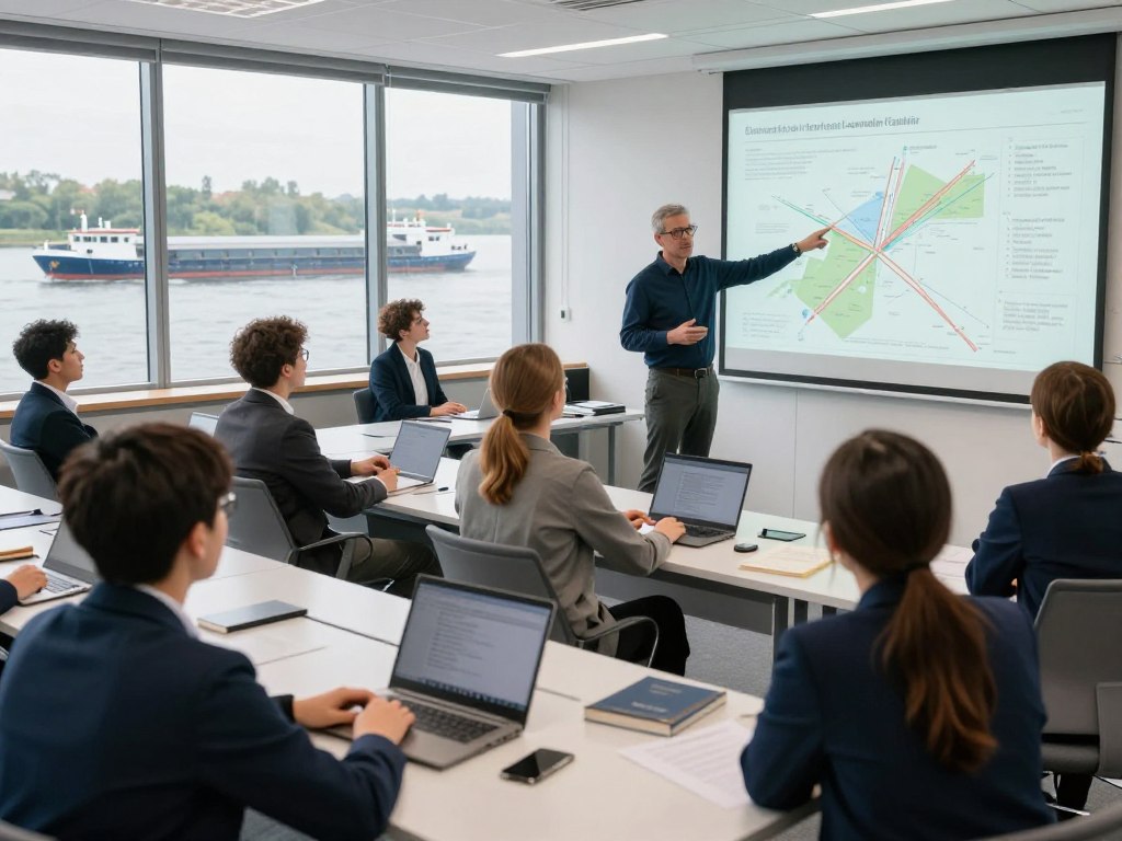 A professional training environment for inland shipping, depicting an instructional classroom setting. In the foreground, a diverse group of students dressed in smart, casual business attire are attentively engaging with a knowledgeable instructor. The instructor, a middle-aged man with glasses, points at a large, detailed chart of EU regulations for inland navigation displayed on a projector screen. In the middle ground, a modern classroom is well-lit with ample natural light; desks are equipped with maritime books and laptops. In the background, a large window reveals a serene view of a river and a barge passing by, symbolizing the Binnenschifffahrt. The atmosphere is focused and collaborative, emphasizing the importance of regulations in shaping effective training. The angle is slightly elevated, capturing both students' engagement and the outdoor scene.