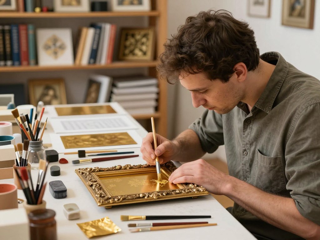A professional workshop setting for gilding techniques training, featuring a skilled artisan in modest professional attire, meticulously applying gold leaf to an ornate frame. In the foreground, the artisan is focused, using a specialized brush, surrounded by tools like gilding brushes, gold leaf sheets, and a burnishing agate. In the middle, a well-organized table displays various gilding supplies and sheets of gold, hinting at the intricate processes involved. The background shows shelves filled with reference books on gilding techniques and decorative art. Soft natural light illuminates the workspace, creating a warm and inviting atmosphere, with a shallow depth of field that softly blurs the background, enhancing the focus on the artisan's meticulous work. A professional workshop setting for gilding techniques training, featuring a skilled artisan in modest professional attire, meticulously applying gold leaf to an ornate frame. In the foreground, the artisan is focused, using a specialized brush, surrounded by tools like gilding brushes, gold leaf sheets, and a burnishing agate. In the middle, a well-organized table displays various gilding supplies and sheets of gold, hinting at the intricate processes involved. The background shows shelves filled with reference books on gilding techniques and decorative art. Soft natural light illuminates the workspace, creating a warm and inviting atmosphere, with a shallow depth of field that softly blurs the background, enhancing the focus on the artisan's meticulous work.