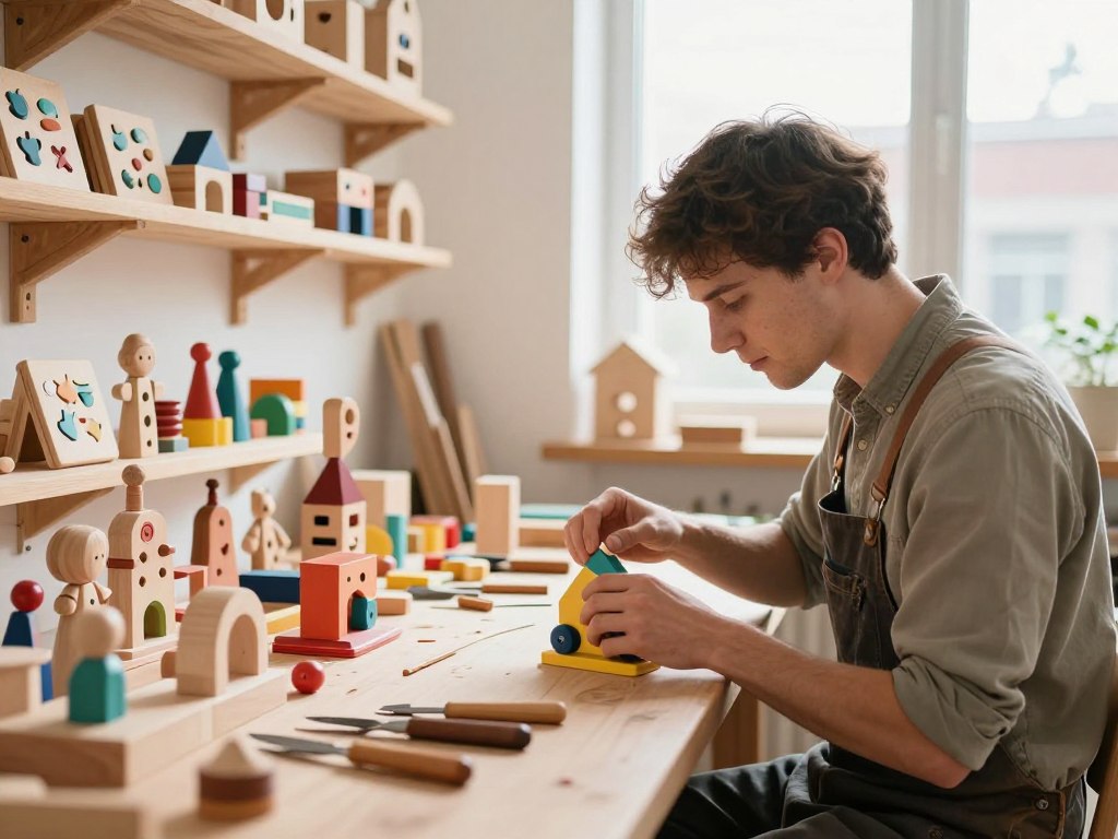 A skilled wood toy maker in a bright, inviting workshop, passionately crafting colorful wooden toys. In the foreground, a male artisan, dressed in modest casual clothing, delicately shapes a vibrant toy on a wooden workbench, showcasing his craftsmanship. Nearby, neatly organized tools and a variety of unfinished toys hint at his career potential. In the middle ground, wooden shelves display a range of completed toys—puzzles, figurines, and blocks—celebrating creativity and skill. The background features large windows allowing natural light to flood the space, enhancing the warm, welcoming atmosphere. The soft lighting casts gentle shadows, creating an inspiring and motivating vibe, symbolizing the promising career opportunities in the wooden toy-making profession.