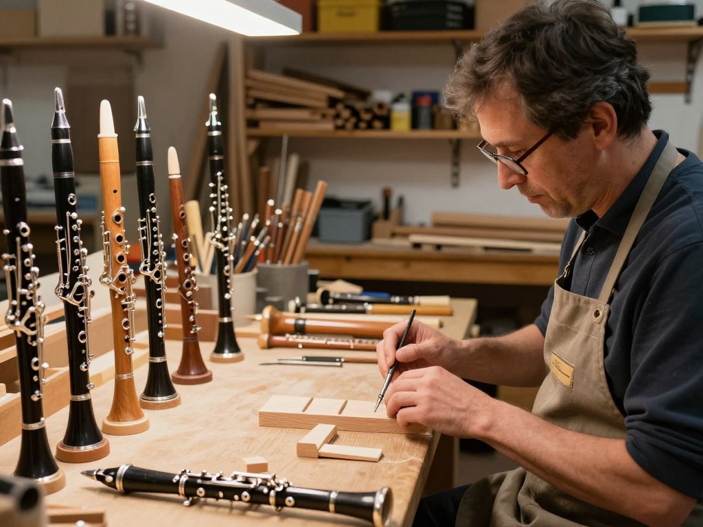 A skilled woodwind instrument maker in a well-lit workshop, focused on crafting a clarinet. In the foreground, show the artisan, a middle-aged individual wearing a professional apron and glasses, carefully shaping wood with tools. In the middle ground, prominently feature various woodwind instruments in various stages of completion—flutes, oboes, and clarinets—displayed on a workbench. In the background, shelves filled with wood, tools, and instrument-making supplies create a rich, inviting atmosphere. Soft, warm lighting enhances the craftsmanship, casting gentle shadows. The overall mood is one of dedication and artistry, illustrating the rewarding career path of a woodwind instrument maker, emphasizing creativity and precision in the trade.