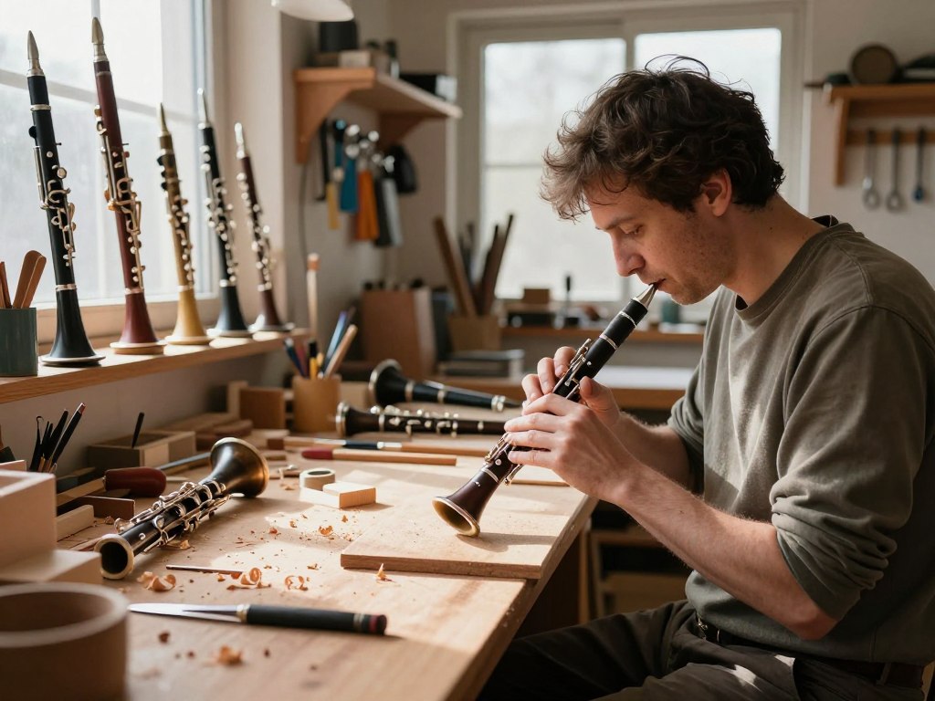 A woodwind instrument maker meticulously engaging in fine craftsmanship in a well-lit workshop. In the foreground, a skilled artisan, dressed in modest casual clothing, focuses intently on sanding a clarinet body, with tools and wood shavings scattered around. The middle ground features shelves lined with various woodwind instruments in various stages of completion and tools hanging on the walls. The background shows large windows, allowing natural light to stream in, casting warm shadows across the workspace. The atmosphere is one of concentration and artistry, with rich wood tones and the soft glow of light enhancing the details of the instruments and the craftsmanship involved.