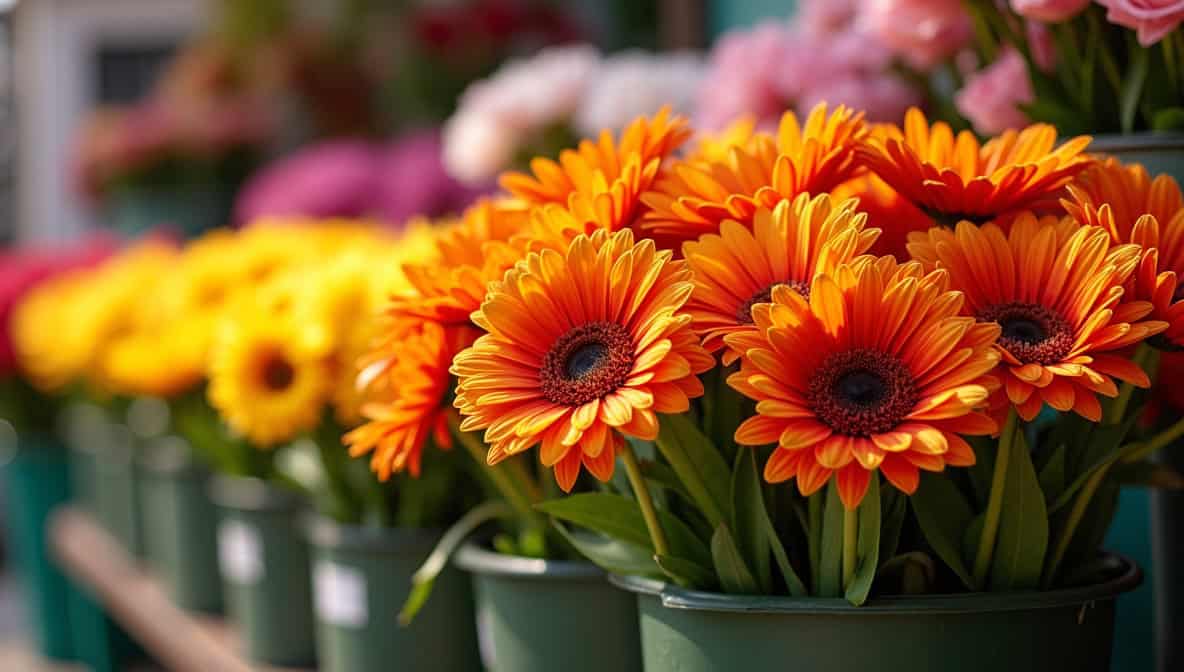 Bunte Blumenvielfalt in Eimern auf einem hellen sonnigen Blumenmarkt