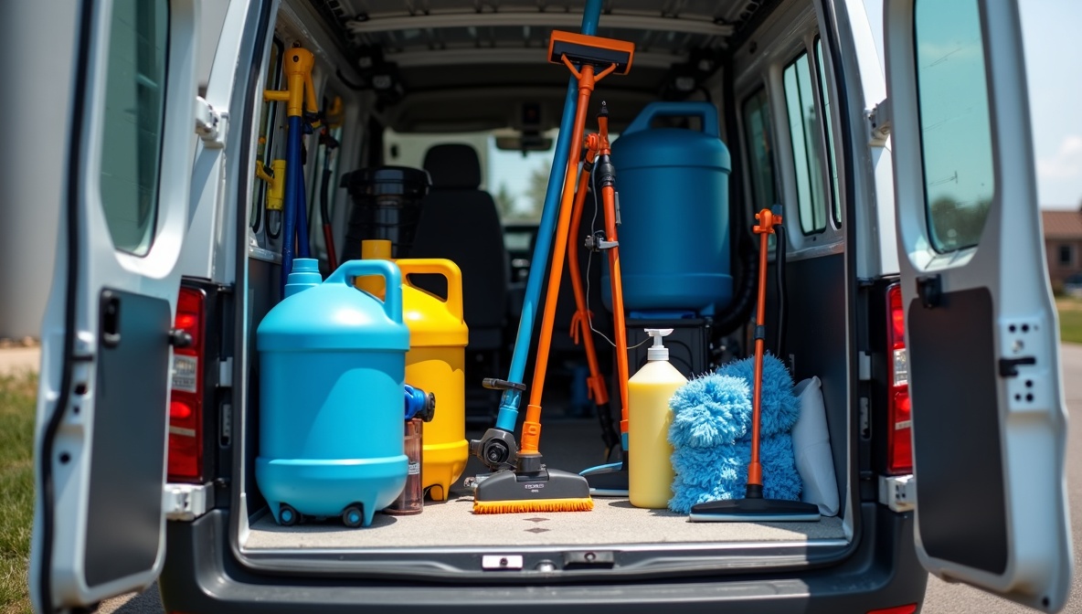 Professionelles Reinigungsequipment mit Abziehern, Wasserlanzen und Reinigungsmitteln an einem Servicefahrzeug