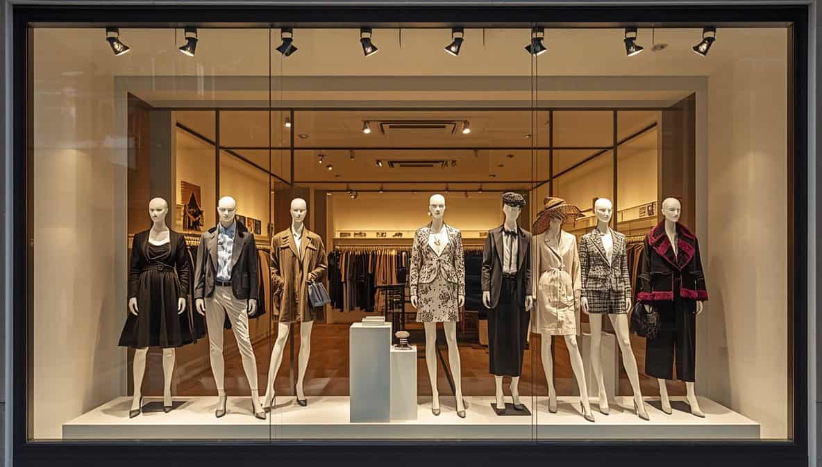 Elegantes Modeschaufenster mit Schaufensterpuppen in hellem natürlichem Tageslicht