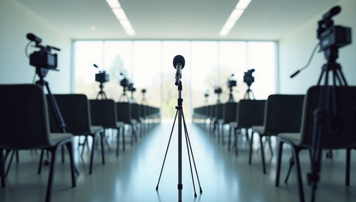 Pressekonferenzraum mit Mikrofonstativ und Kameras – professionelle Journalismus-Umgebung
