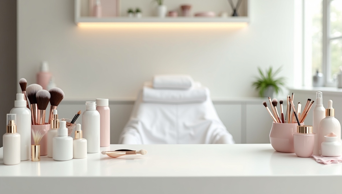 Professionelle Kosmetikprodukte, Pinsel und Pflege-Tools auf einem Salon-Tresen – Werkzeug der Kosmetikerin