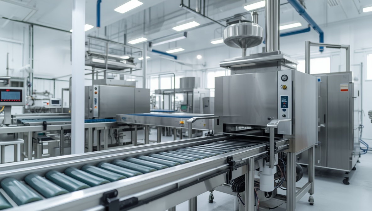 Moderne helle Lebensmittelproduktionsanlage mit Edelstahlgeräten und Förderband