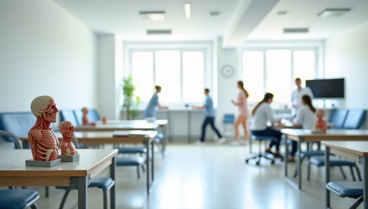 Physiotherapie-Schulungsraum mit anatomischen Modellen, Übungsgeräten und Lehrbüchern auf Tischen