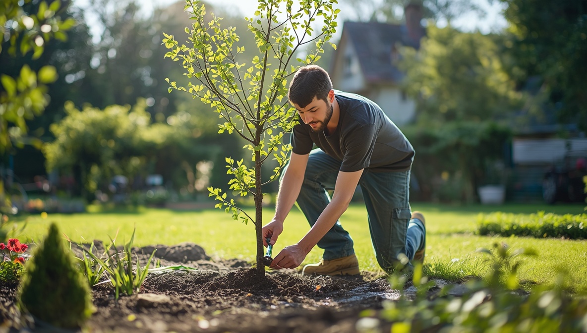 Junger Landschaftsgärtner pflanzt Bäume in hellem sonnigem Garten