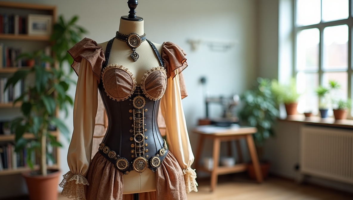 Aufwendig handgefertigtes Steampunk-Kostüm auf einer Schneiderpuppe – Cosplay und Kostümbau als Hobby