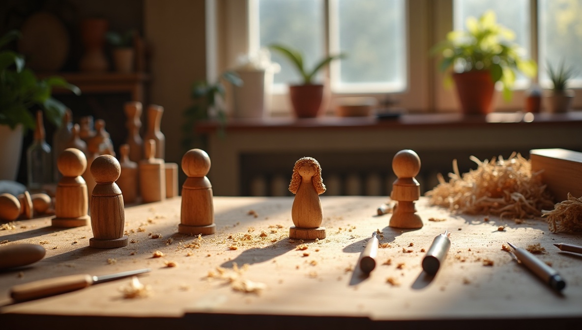 Holzschnitzwerkzeuge und kleine Holzfiguren in verschiedenen Bearbeitungsstufen auf einer Werkbank – Holzschnitzen als Bastelhobby