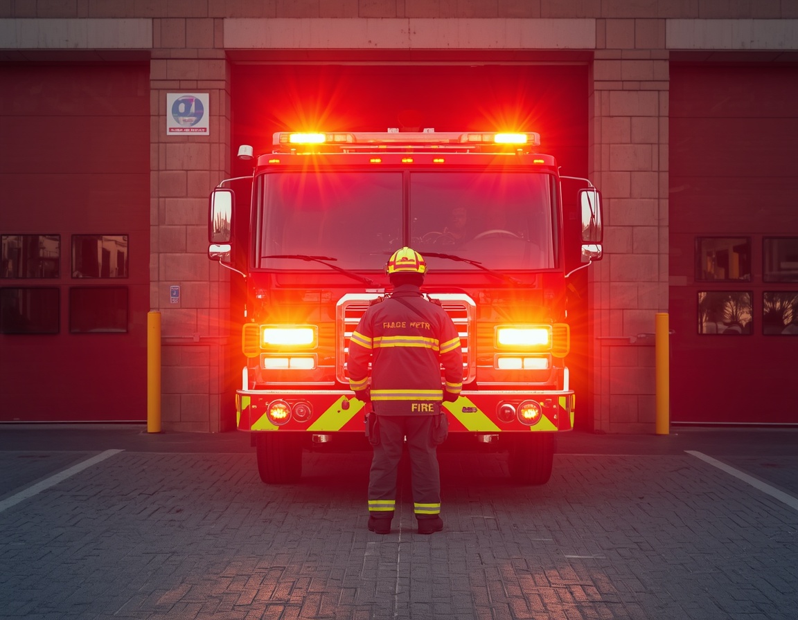 Berufe bei der Feuerwehr – Feuerwehrleute vor rotem Feuerwehrauto in heller Wache Berufe bei der Feuerwehr – Feuerwehrleute vor rotem Feuerwehrauto in heller Wache