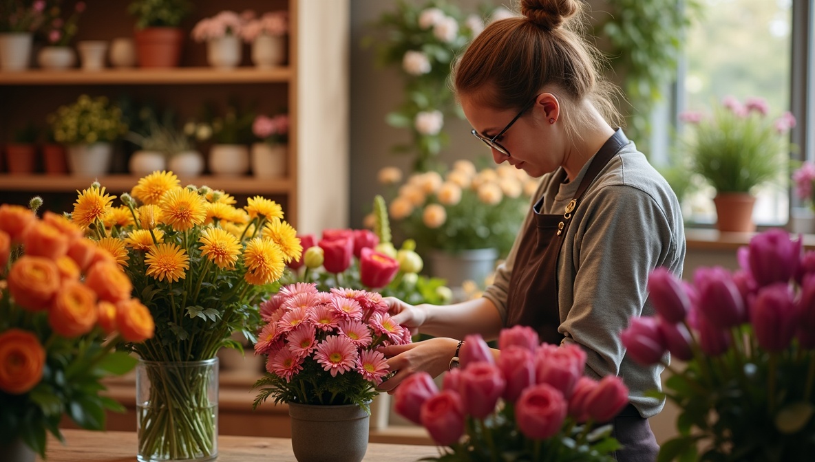 Floristin bindet bunten Blumenstrauß in hellem Blumenladen