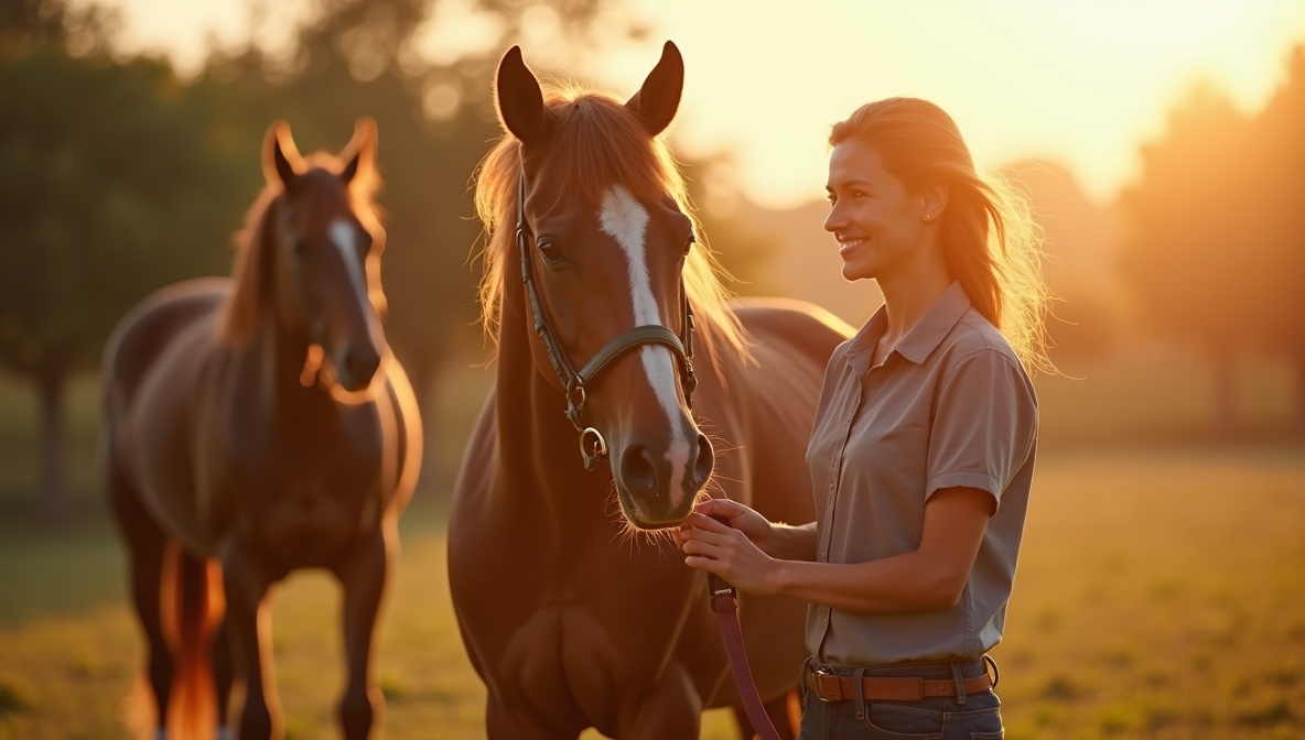 Junger Pferdetrainer mit Pferd auf sonnigem Koppel