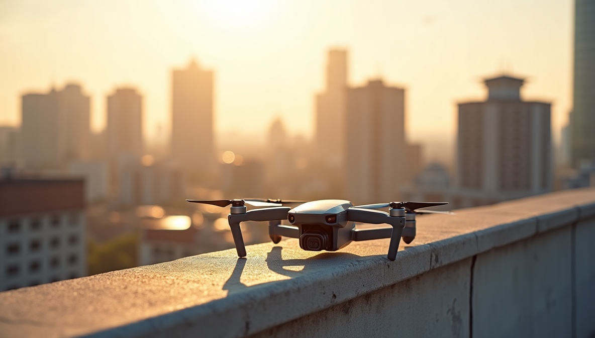 Drohne auf einem Dach mit Stadtpanorama im Hintergrund – Drohnen fliegen als modernes Hobby