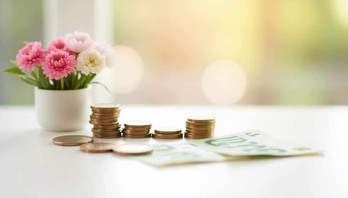 Euro-Münzen und Geldscheine neben frischen Blumen auf hellem weißen Tisch