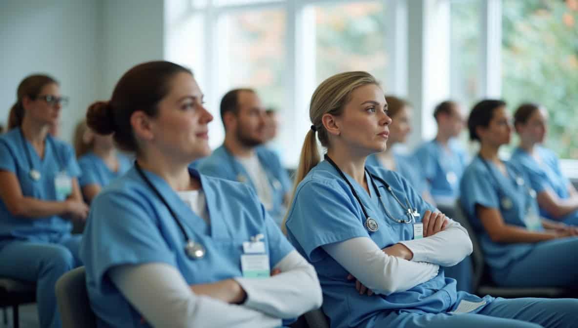 Pflegefachkräfte in hellem Seminarraum bei medizinischer Fortbildung