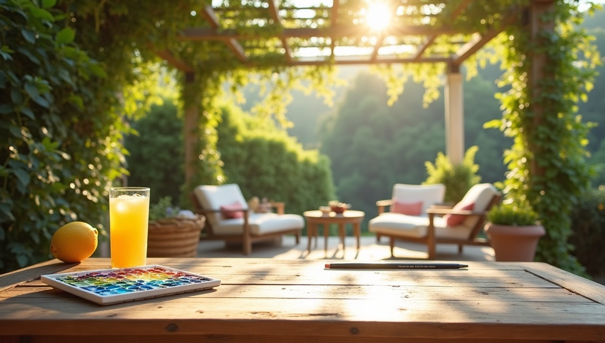 Schattiger Außenbereich mit Aquarellfarben und Limonade auf einem Holztisch – kreativ im Schatten an heißen Tagen