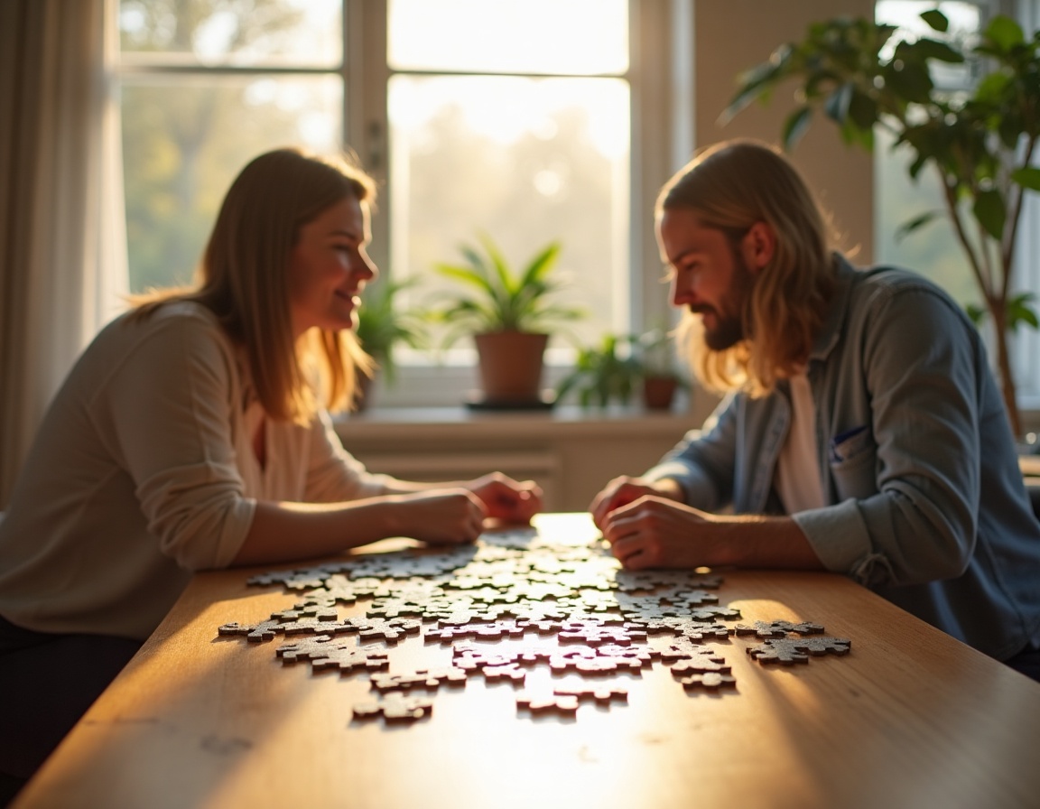 Paar sitzt gemeinsam am Tisch beim Puzzeln – Hobbys für Paare