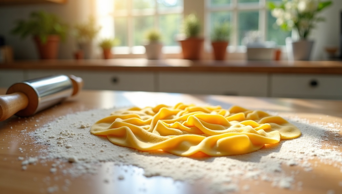 Frisch ausgerollter Pastateig mit Mehl und Schneidewerkzeug auf einer Küchentheke – Kochen als Regentag-Hobby