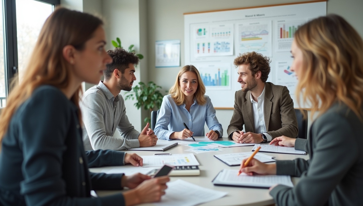 Junge Auszubildende besprechen Geschäftszahlen in hellem Büro