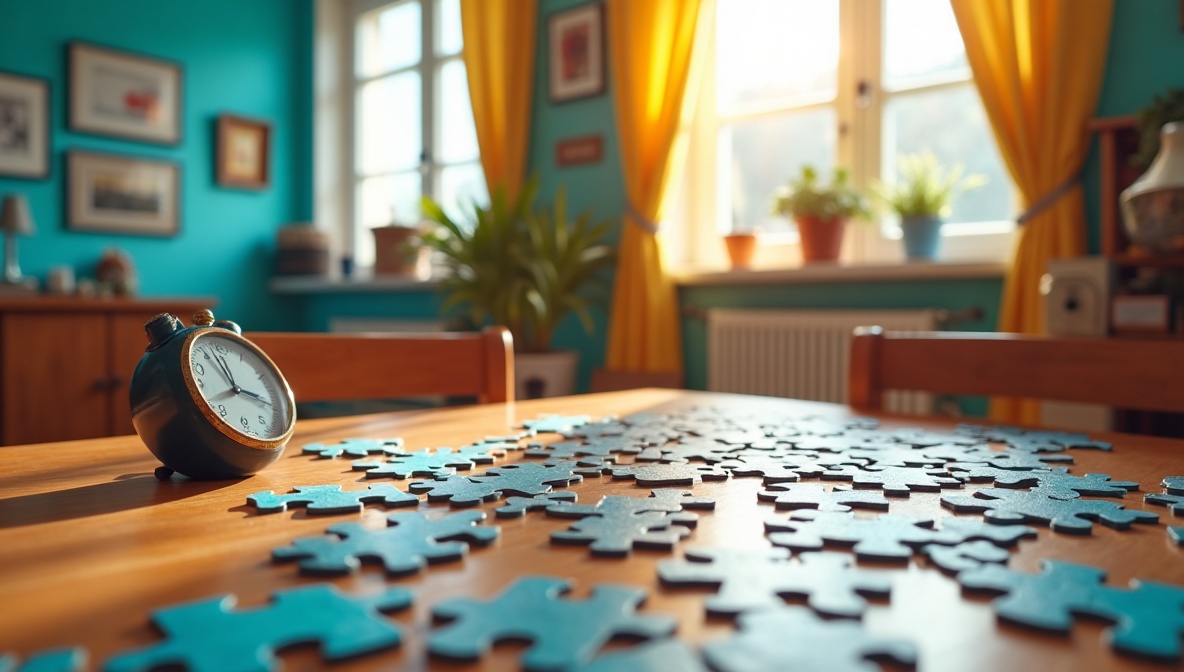 Tisch mit Puzzleteilen beim Speed-Puzzling-Wettbewerb – außergewöhnliche Hobbys