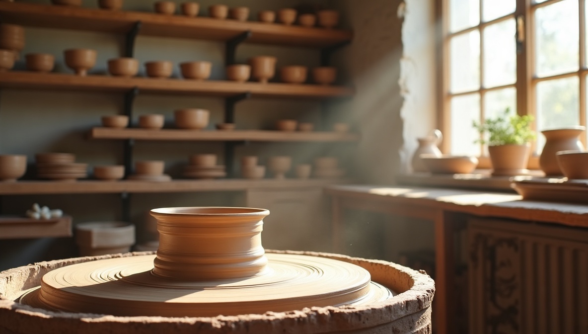 Töpferscheibe mit frisch geformten Keramikschalen in einem hellen Atelier – Töpfern als kreatives Hobby