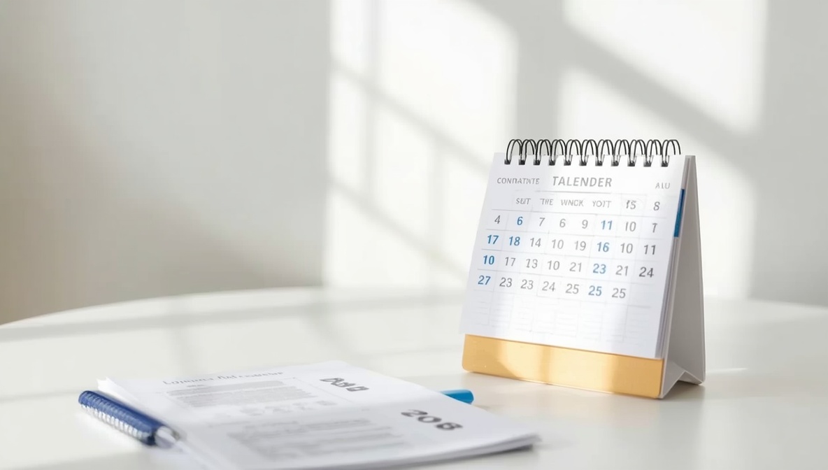 Kalender mit zwei markierten Jahren und Ausbildungsvertrag auf hellem weißem Schreibtisch