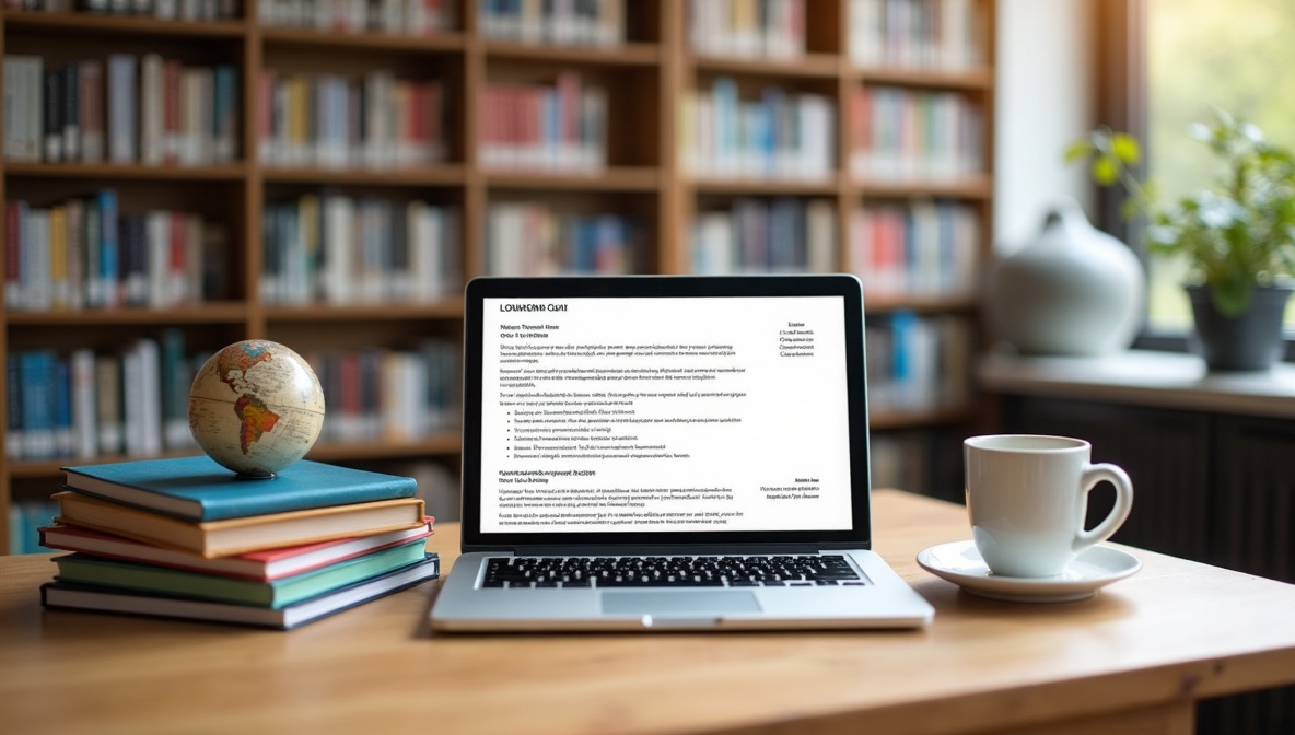 Laptop mit CV-Vorlage, Sprachbücher und ein Globus auf einem Bibliothekstisch – Bewerbung für ein Auslandssemester vorbereiten