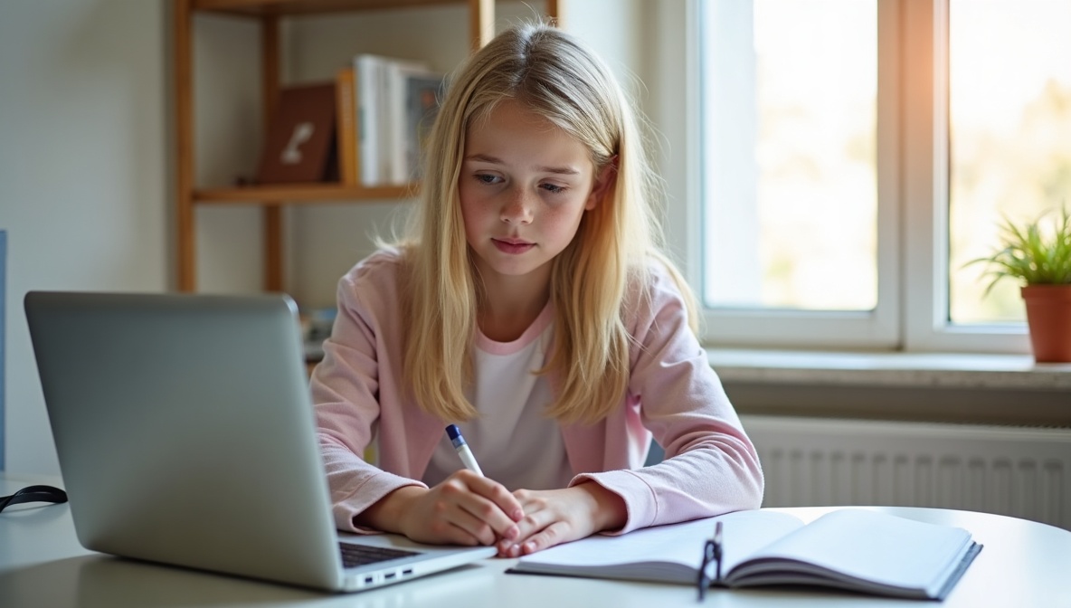 Junges Mädchen tippt ihren Lebenslauf am Laptop mit Schulheft daneben