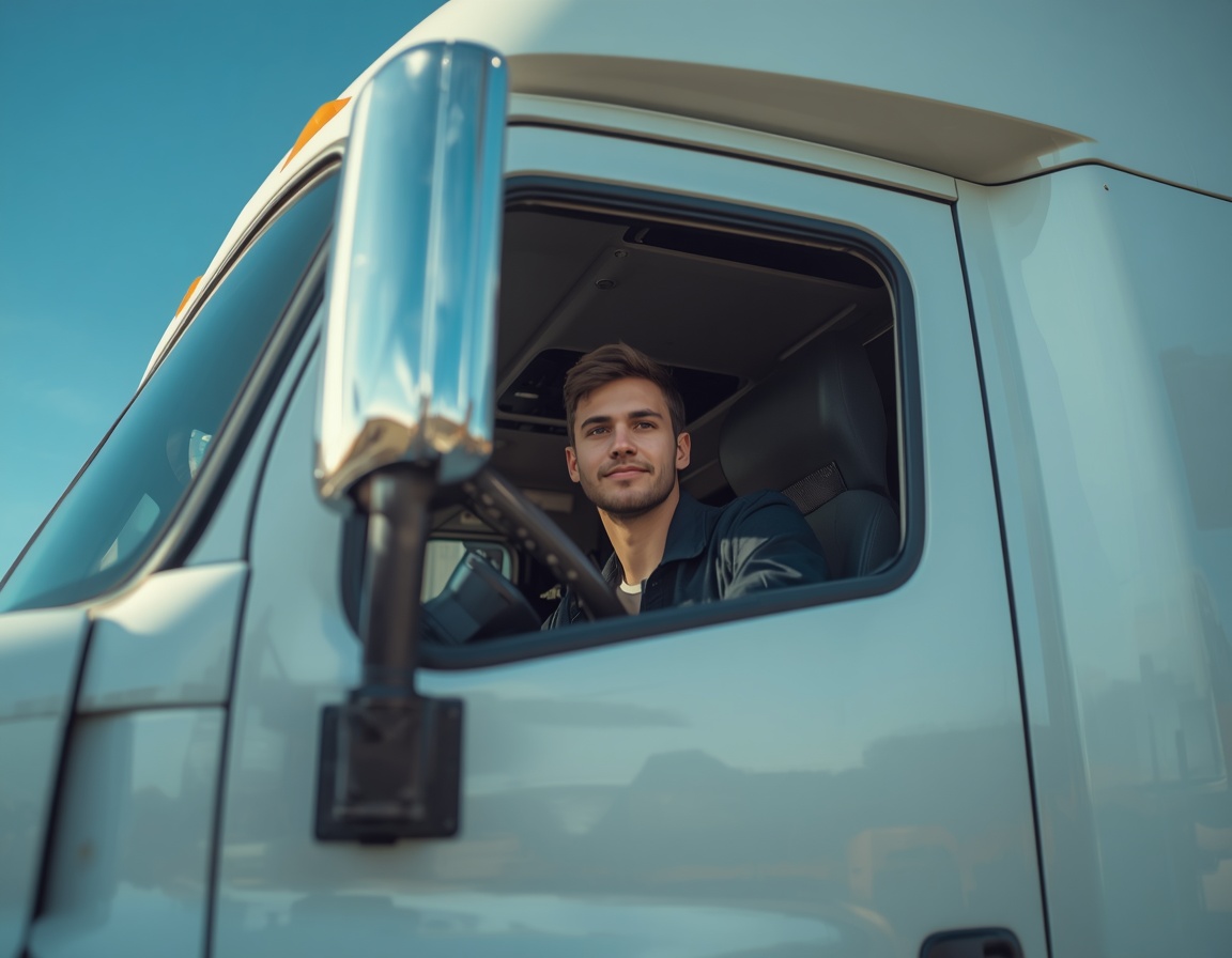 Lastkraftwagenfahrer Ausbildung – junger Fahrer im Führerhaus eines modernen LKW Lastkraftwagenfahrer Ausbildung – junger Fahrer im Führerhaus eines modernen LKW