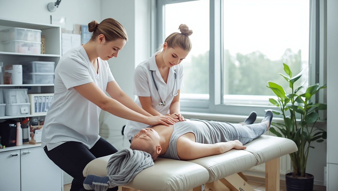 Zwei Physiotherapie-Studenten üben Behandlungstechnik in hellem Übungsraum