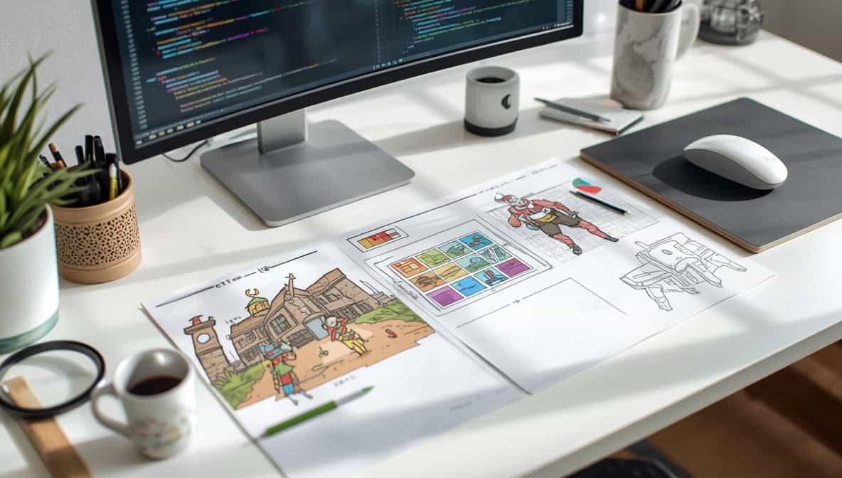 Game-Design-Konzeptskizzen und Code auf hellem weißem Schreibtisch mit buntem Storyboard
