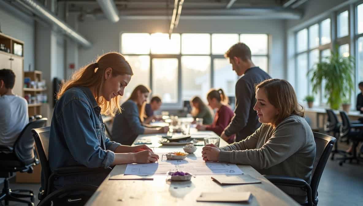 Inklusive Werkstatt mit Menschen mit Behinderungen in heller moderner deutscher Einrichtung