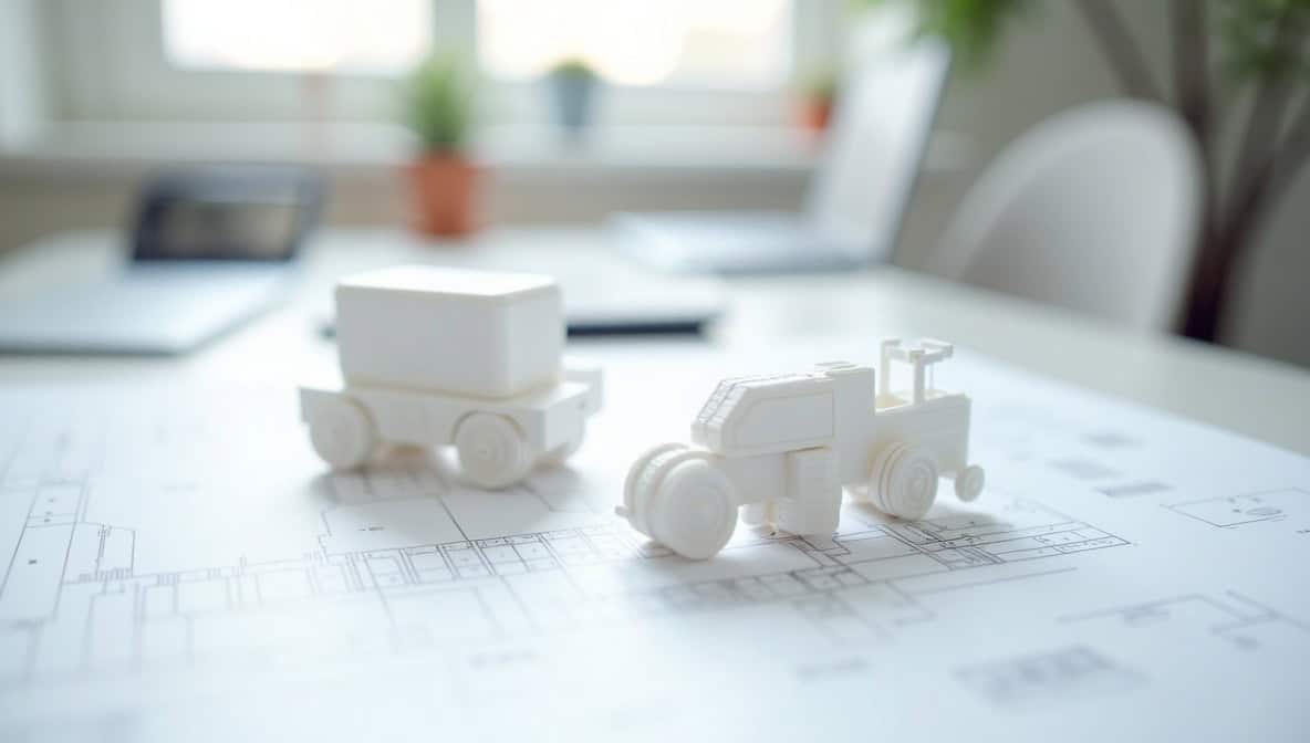 Industrieller Produktbauplan und 3D-gedruckter Prototyp auf hellem weißen Schreibtisch
