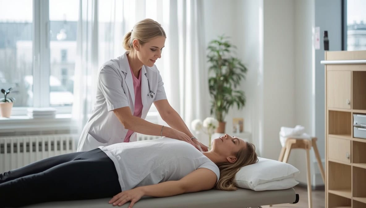 Physiotherapeutin übt Atemtechnik mit Patient in heller moderner Klinik