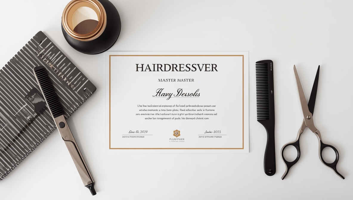 Friseurmeister-Zertifikat auf hellem Tisch mit Schere und Kamm