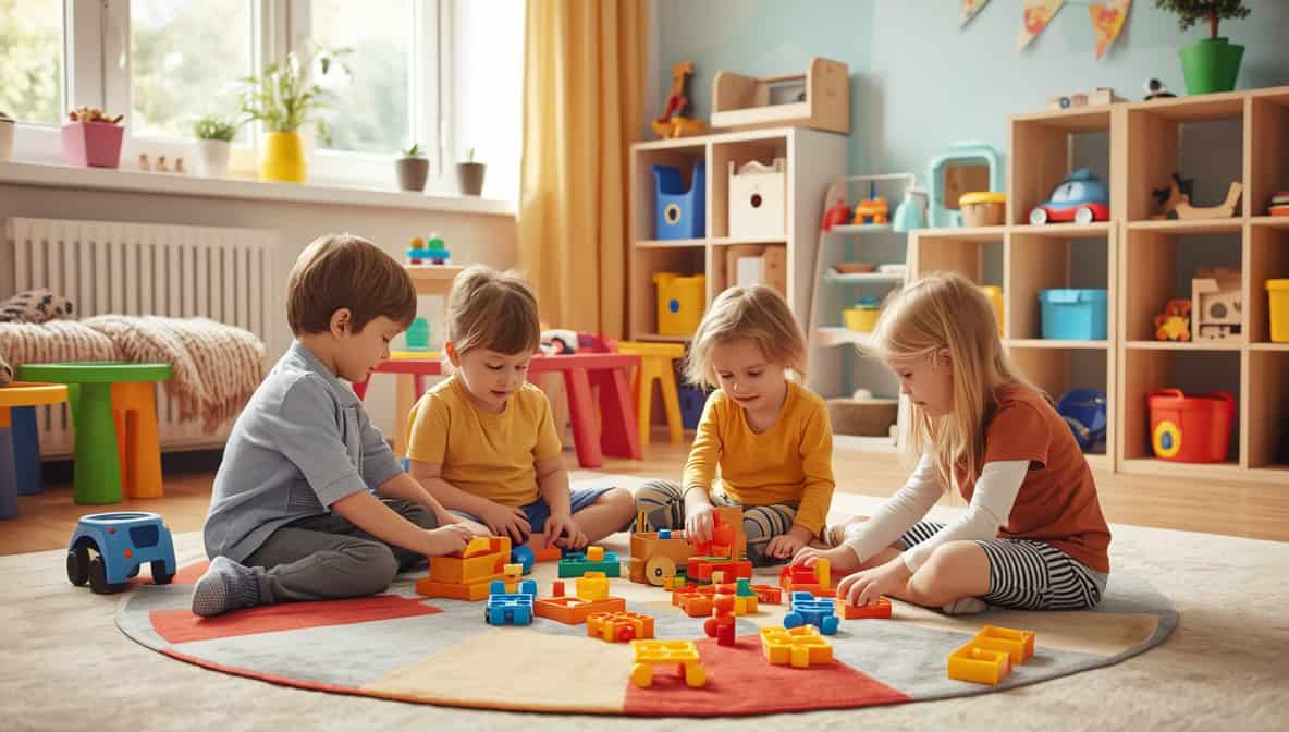 Inklusiver Kindergarten – heller Raum mit buntem Spielzeug und spielenden Kindern