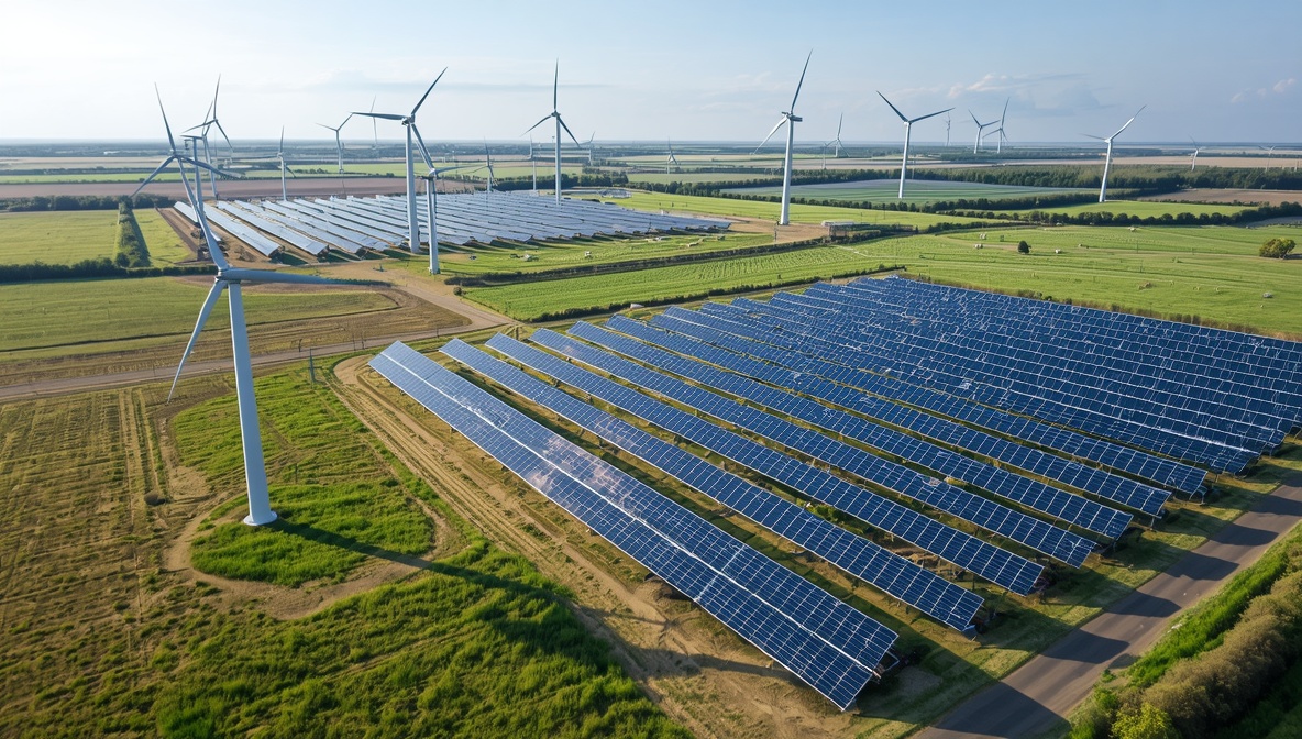 Windräder und Solaranlagen in heller sonniger Landschaft – erneuerbare Energien