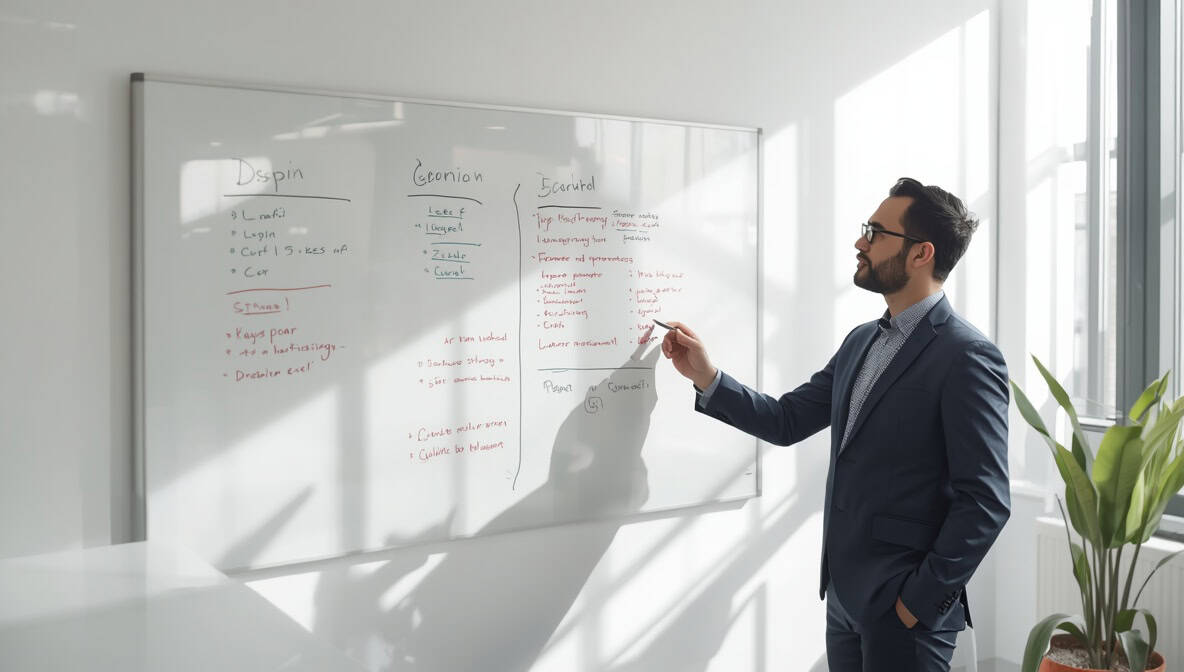 Sozialmanager präsentiert Strategie auf hellem Whiteboard im Büro
