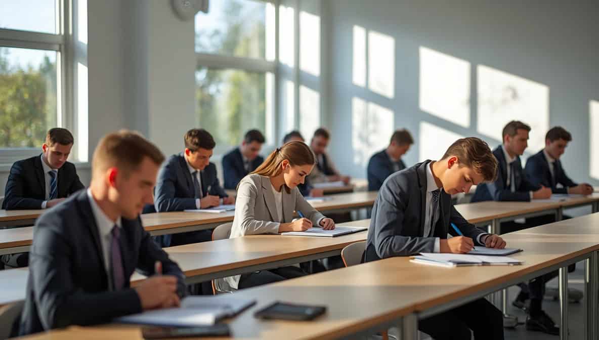 Wirtschaftsfachschule heller Seminarraum mit Studierenden die Notizen machen
