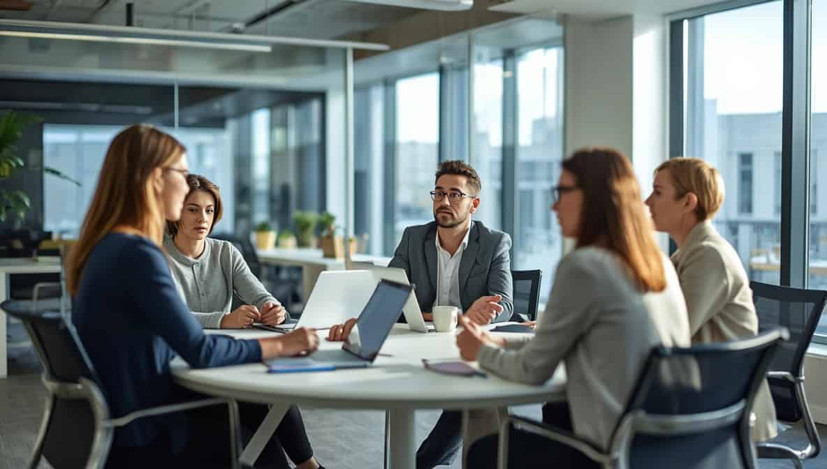 Gruppensuervision in hellem modernem Büro – offenes Gespräch im Tageslicht