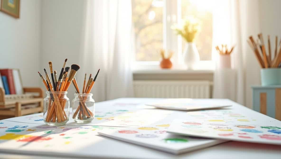 Bunte Gemälde und Kunstmaterialien auf hellem weißen Tisch im kreativen Therapieraum