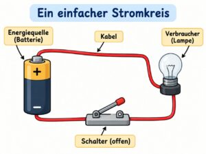 Einfacher Stromkreis mit Batterie, Lampe, und offenem Schalter